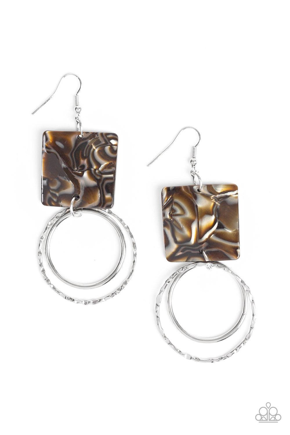 Paparazzi Accessories Maven Maker - Brown One smooth and one hammered silver hoop swing from the bottom of a square acrylic frame, creating a colorfully retro lure. Earring attaches to a standard fishhook fitting. Jewelry