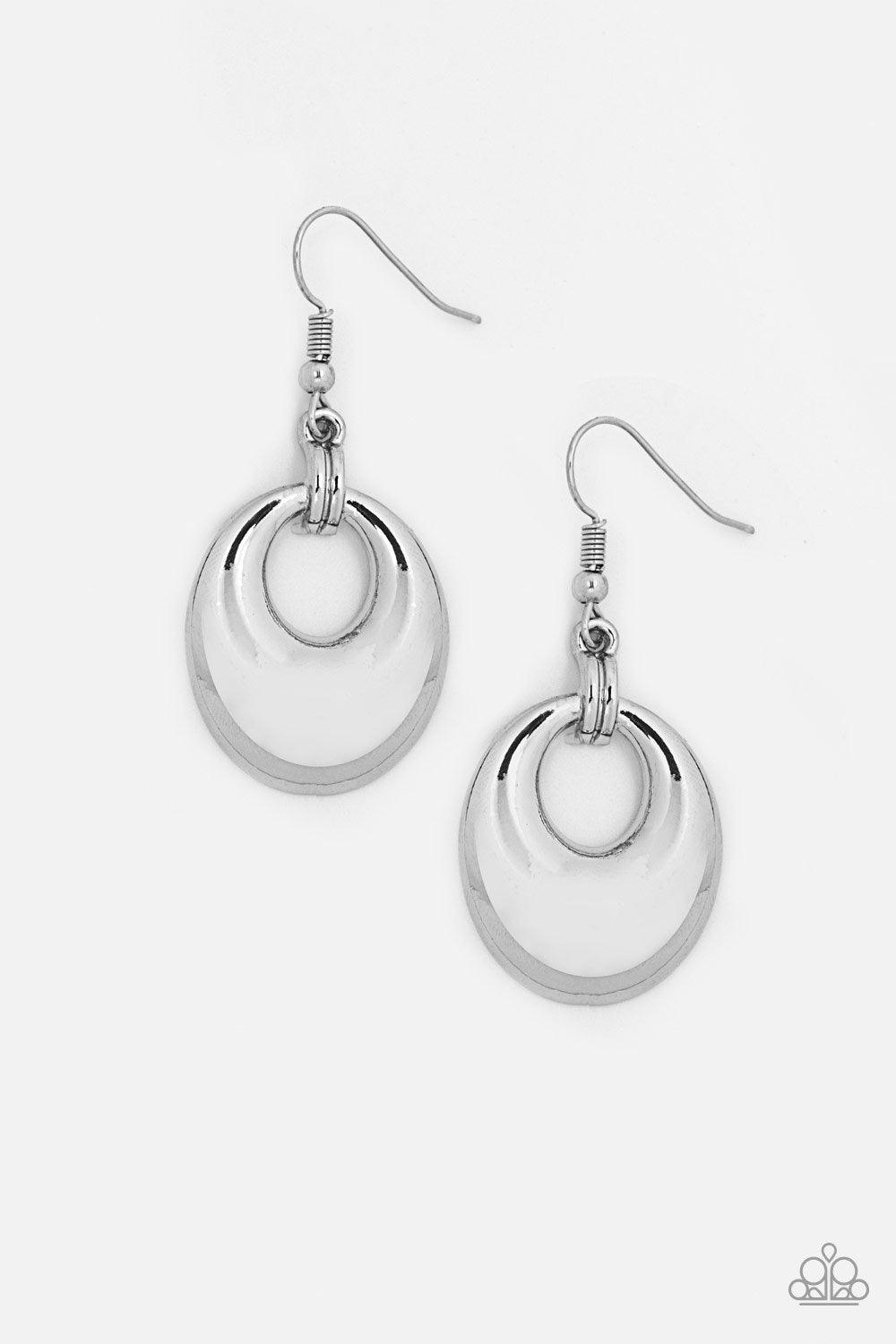 Paparazzi Accessories In The BRIGHT Place At The BRIGHT Time - Silver Brushed in a high-sheen finish, a silver frame swings from glistening silver fittings for a casual look. Earring attaches to a standard fishhook fitting. Sold as one pair of earrings. J