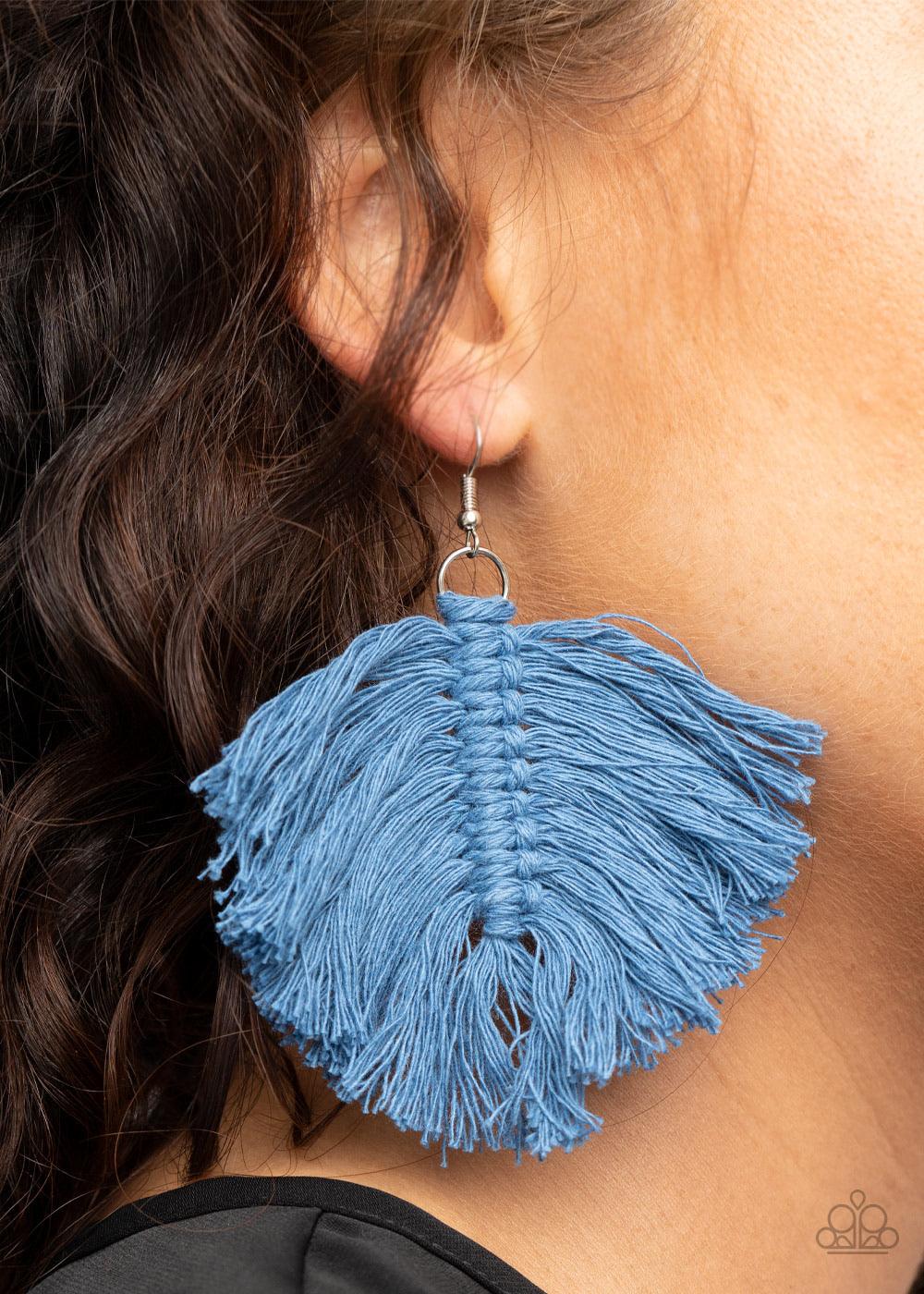 Paparazzi Accessories Macrame Mamba - Blue Rustic blue threaded tassels knot into a leaf-shaped frame, creating a colorful macramé inspired fringe. Earring attaches to a standard fishhook fitting. Sold as one pair of earrings. Jewelry