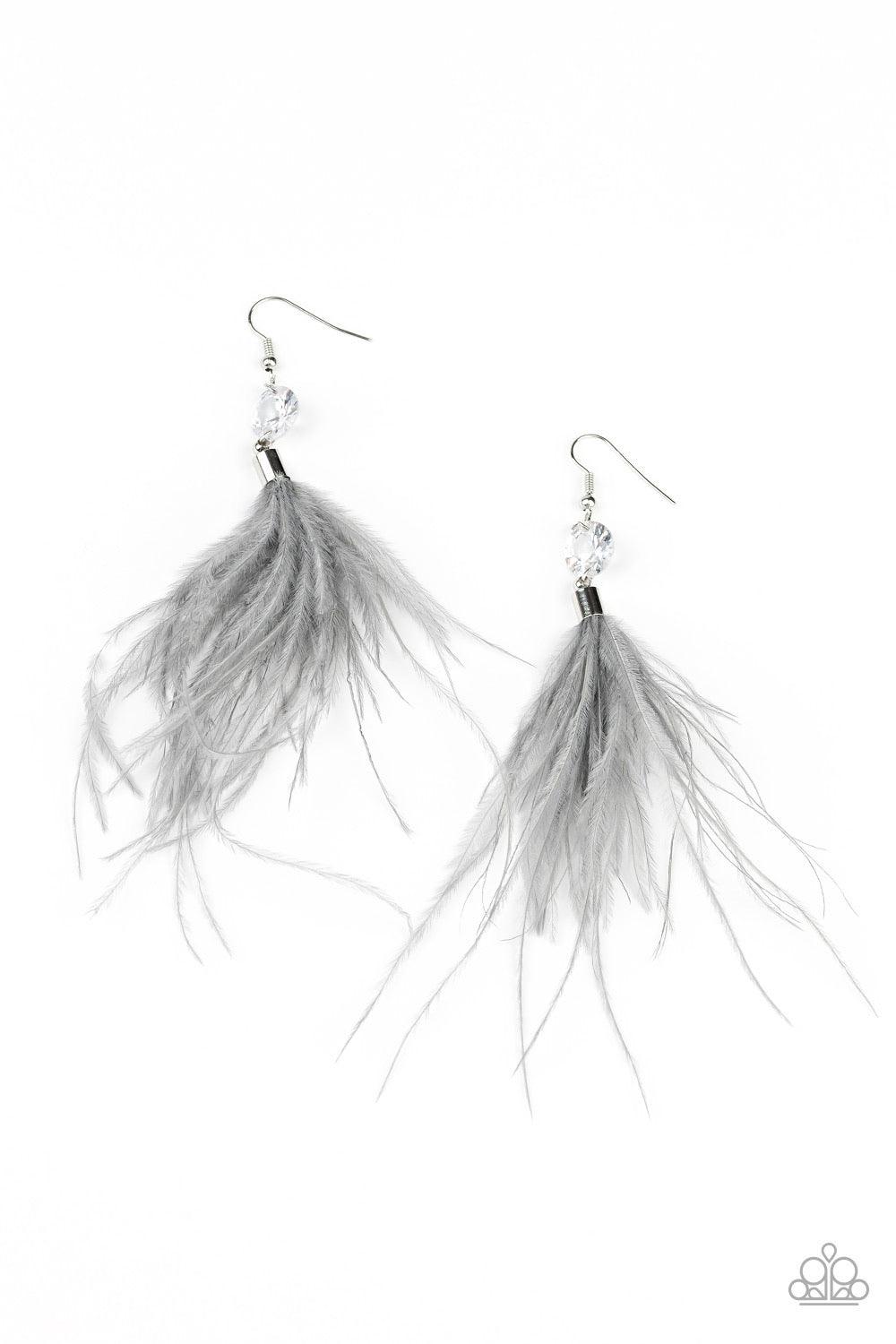 Paparazzi Accessories Feathered Flamboyance - Silver Fuzzy gray feathers swing from the bottom of an oversized white rhinestone, creating a refined lure. Earring attaches to a standard fishhook fitting. Sold as one pair of earrin Jewelry