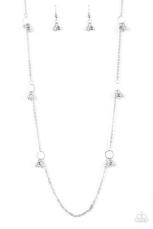 Paparazzi Accessories House Party Posh - Silver Clusters of silver beads and silver pearls swing from dainty silver hoops along an elongated silver chain for an elegant look. Silver necklace features an adjustable clasp closure. Jewelry