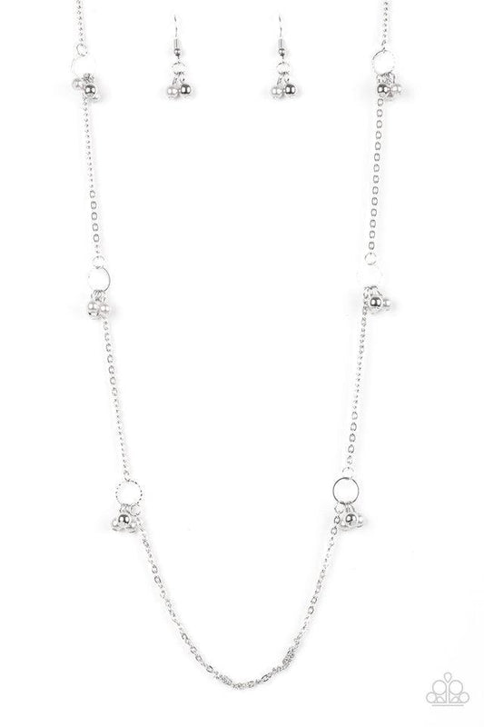 Paparazzi Accessories House Party Posh - Silver Clusters of silver beads and silver pearls swing from dainty silver hoops along an elongated silver chain for an elegant look. Silver necklace features an adjustable clasp closure. Jewelry