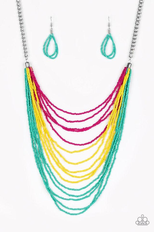 Paparazzi Accessories Bora Bombora - Multi Vivacious strands of pink, yellow, and turquoise seed beads cascade down the chest, creating summery layers. Features an adjustable clasp closure. Jewelry