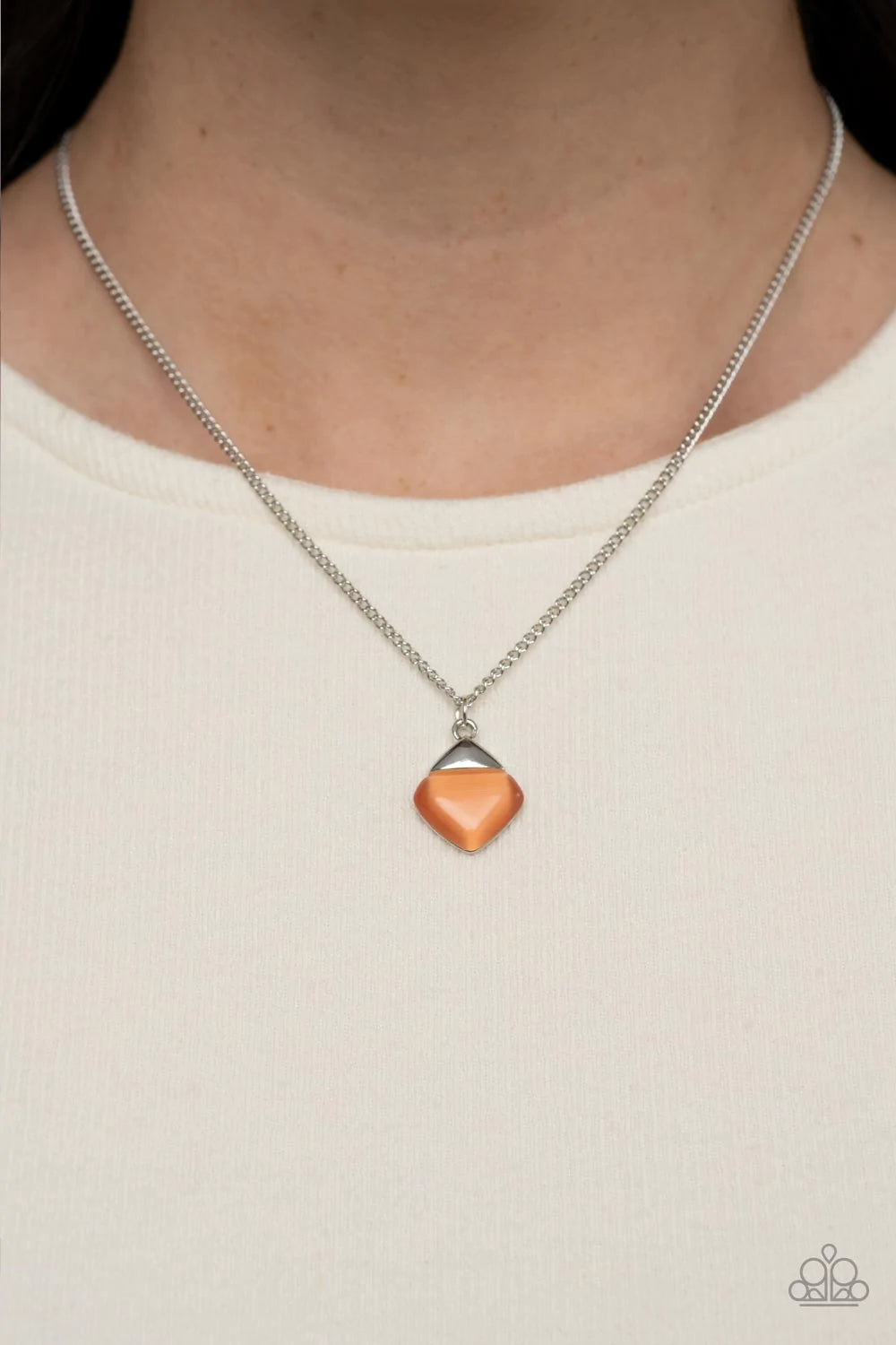Paparazzi Accessories Gracefully Gemstone - Orange A silver triangle frame tops a triangular cut orange cat's eye stone pendant at the bottom of a dainty silver chain, resulting in a graceful gemstone pendant below the collar. Features an adjustable clasp