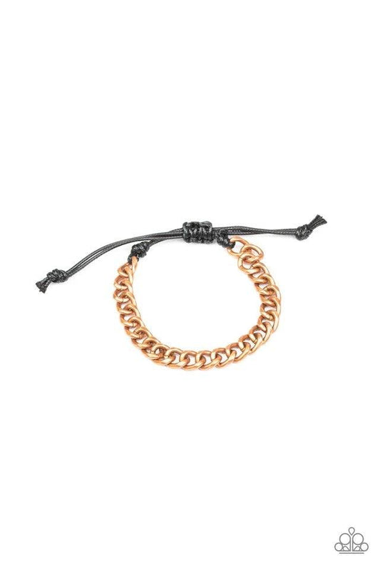 Paparazzi Accessories Blitz - Copper Shiny black cording knots around the ends of a copper beveled cable chain that is wrapped across the top of the wrist for a versatile look. Features an adjustable sliding knot closure. Jewelry