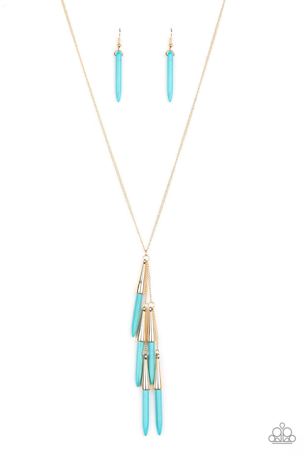 Paparazzi Accessories PRIMITIVE And Proper - Blue Capped in glistening gold fittings, refreshing turquoise stone tusk-like bars haphazardly dangle from two dainty gold chains, creating an earthy fringe at the bottom of a lengthened gold chain. Features an