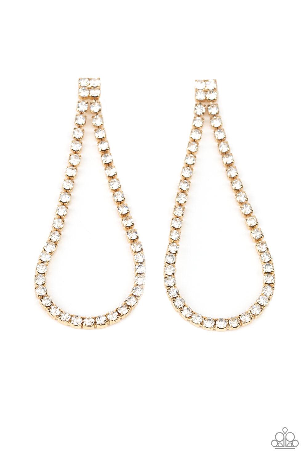 Paparazzi Accessories Diamond Drops - Gold Infused with sleek gold fittings, a strand of glittery white rhinestones loops in a teardrop frame for a glamorous look. Earring attaches to a standard post fitting. Jewelry