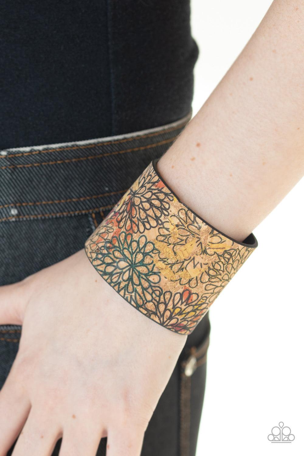 Paparazzi Accessories Cork Culture - Multi Painted in a colorfully distressed floral pattern, a thick cork-like leather band wraps around the wrist for a statement-making look. Features an adjustable snap closure. Sold as one individual bracelet. Jewelry