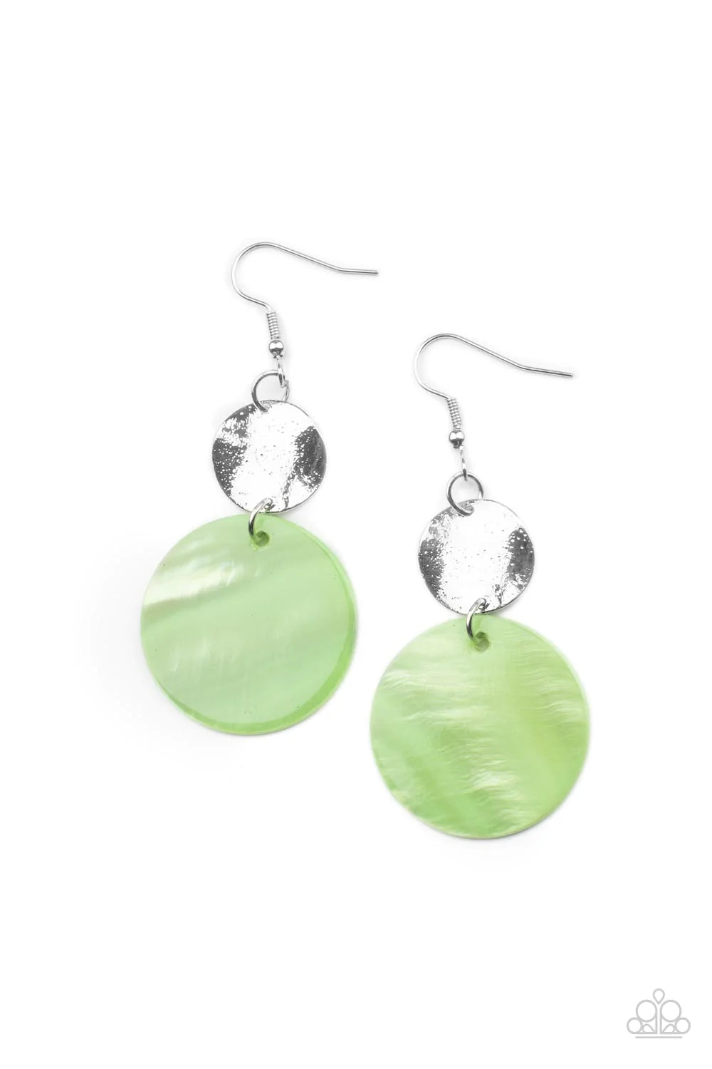 Paparazzi Accessories Opulently Oasis - Green An oversized green shell-like disc is topped by a wavy, sparkling silver disc. The pair sways dramatically from a silver fitting for a breezy finish. Earring attaches to a standard fishhook fitting. Sold as on