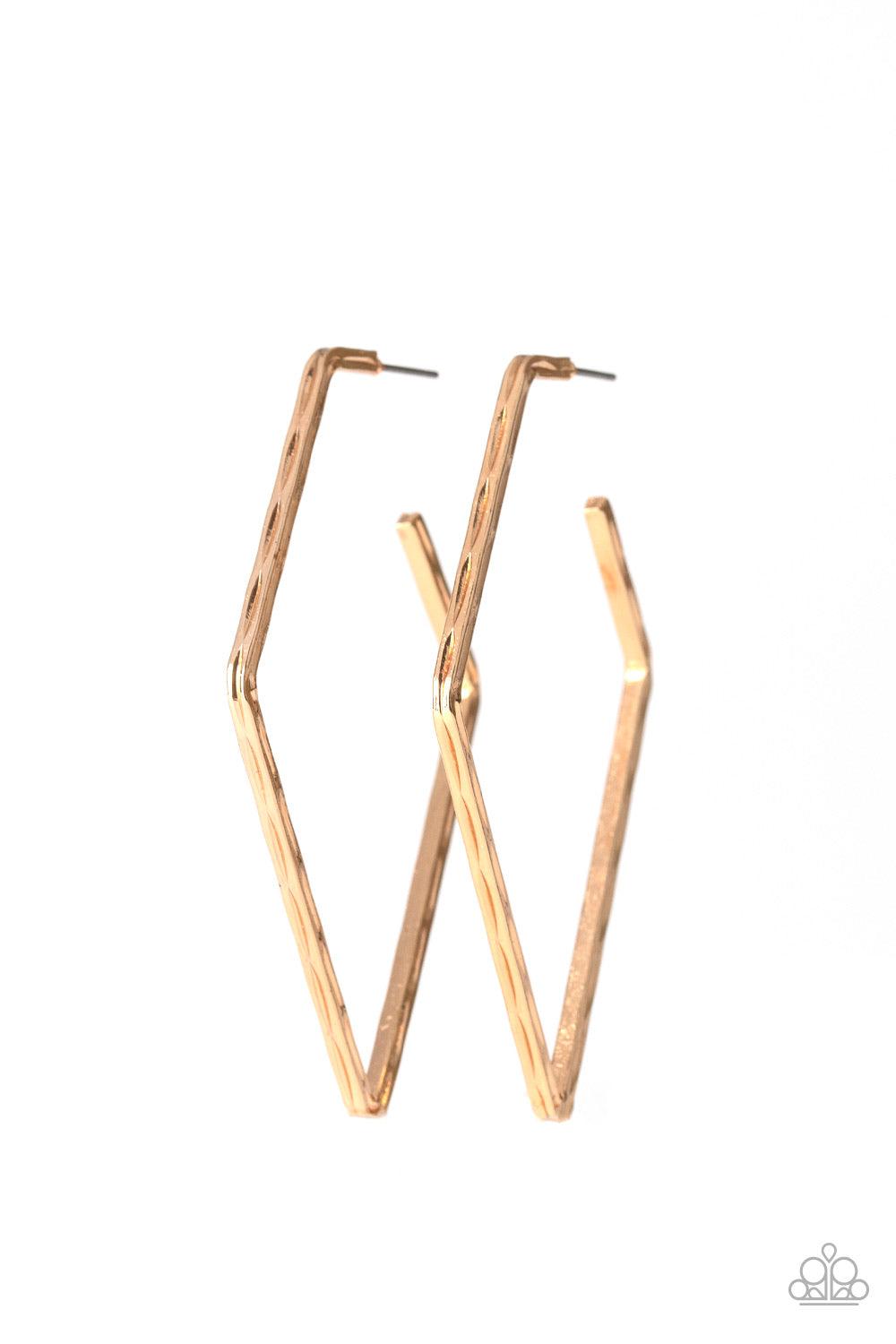 Paparazzi Accessories Geo Grunge - Gold Delicately hammered in endless shimmer, a glistening gold bar bends into an edgy kite-like hoop for a radical fashion. Earring attaches to a standard post fitting. Hoop measures approximately 1 3/4" in diameter. Jew