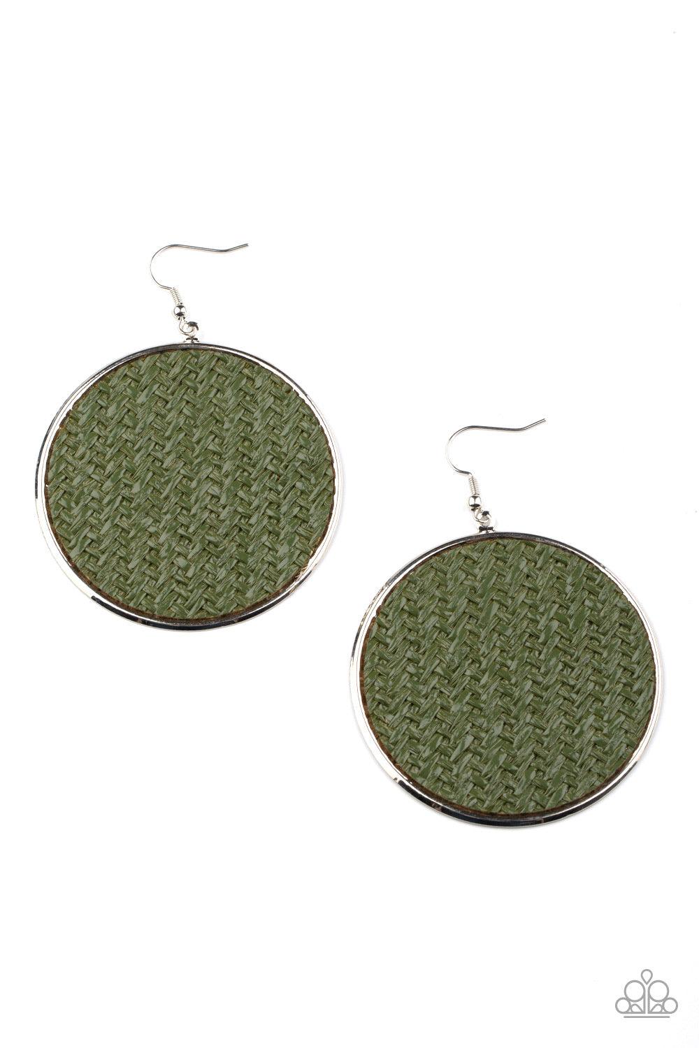 Paparazzi Accessories Wonderfully Woven ~Green Military Olive twine-like cording weaves across the front of an oversized silver disc for an earthy flair. Earring attaches to a standard fishhook fitting. Sold as one pair of earrings. Earrings