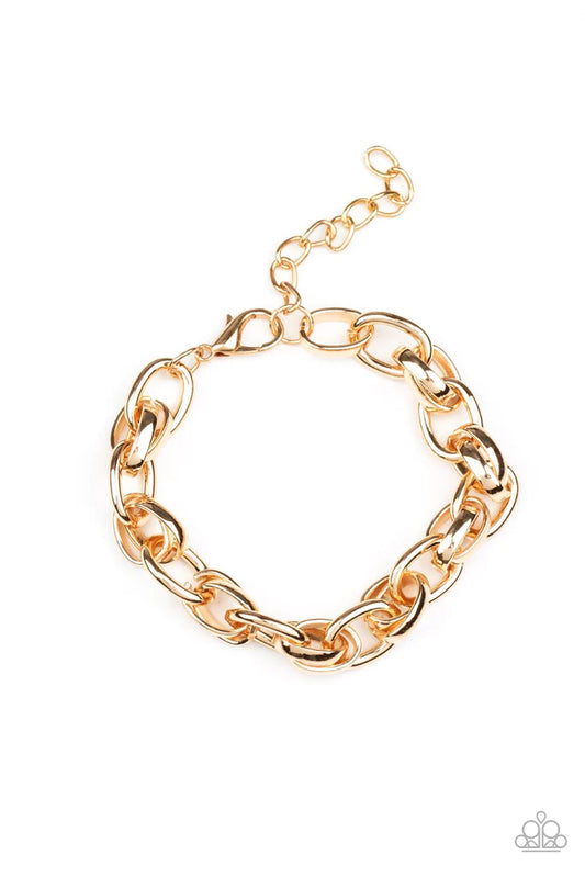 Paparazzi Accessories Rookie Roulette - Gold A chunky collection of bold shiny gold links interlock around the wrist, creating an intense industrial centerpiece. Features an adjustable clasp closure. Jewelry