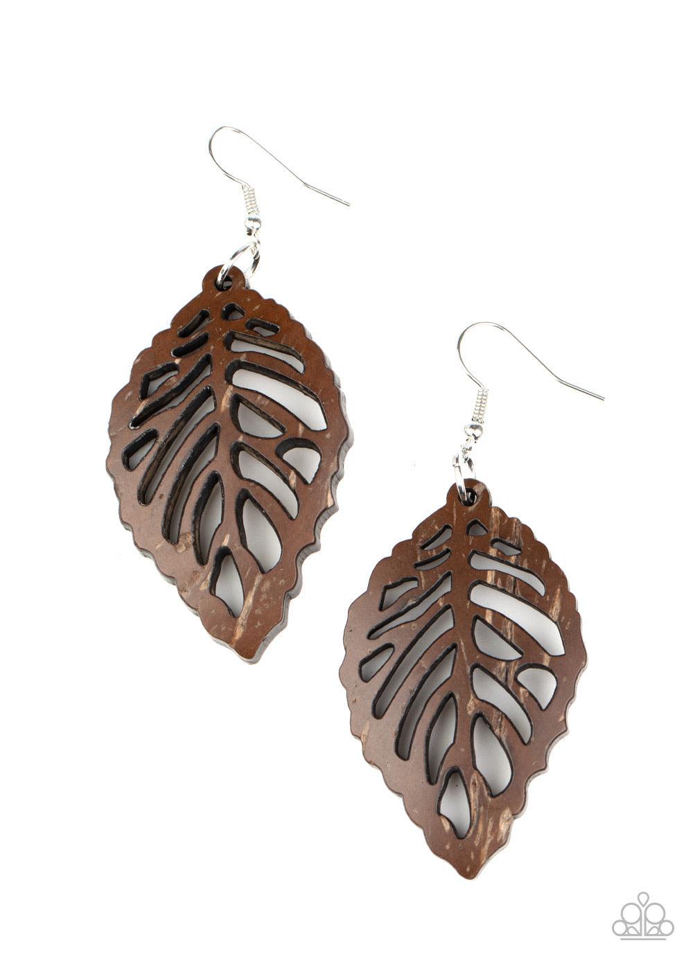 Paparazzi Accessories LEAD Em Hanging - Brown Brushed in a distressed brown finish, an airy wooden frame has been cut into a leafy stenciled design for a woodsy look. Earring attaches to a standard fishhook fitting. Sold as one pair of earrings. Jewelry