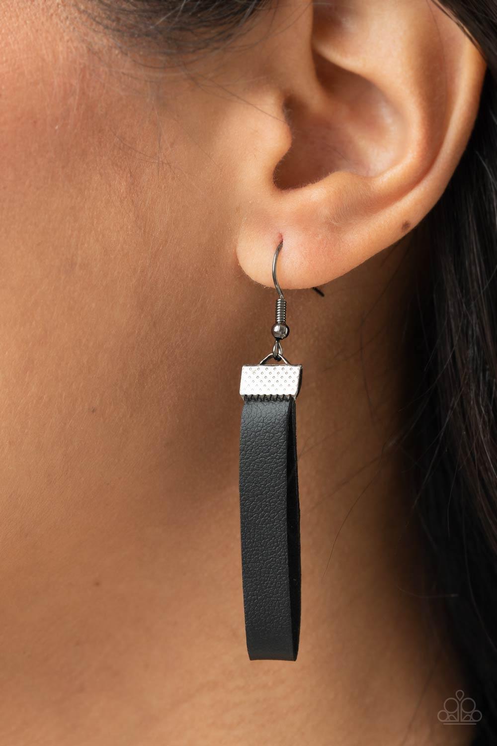 Paparazzi Accessories Majorly Moonstruck - Black Infused with glistening gunmetal beads, strips of black leather link to an oversized half moon pendant that is hammered in a blinding gunmetal finish, creating an edgy statement piece below the collar. Feat