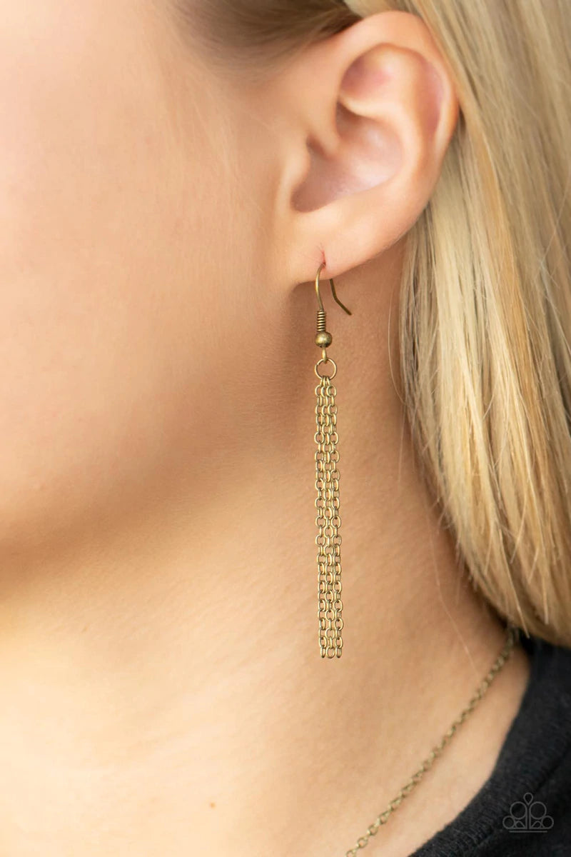 Paparazzi Accessories Dainty Dalliance - Brass An antiqued collection of smooth and studded brass rings glide along a dainty brass chain below the collar, creating a minimalist inspired look. Features an adjustable clasp closure. Sold as one individual ne