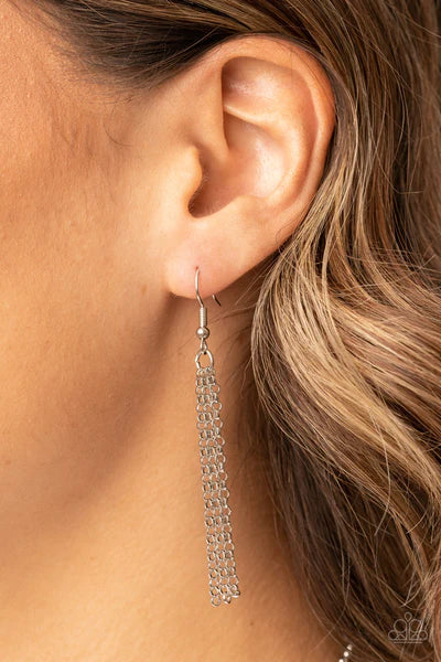 Paparazzi Accessories Reel It In - Orange Infused with silver beaded accents, pieces of orange and brown wood and a white acrylic accent delicately stack into a faceted geometric pendant at the bottom of an extended silver chain. A shimmery silver chain t