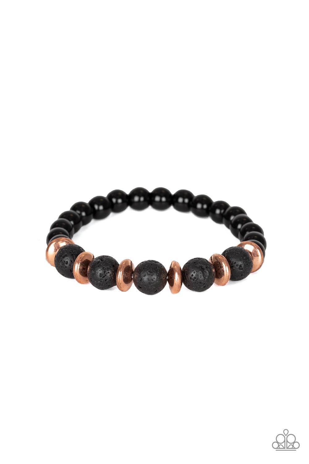 Paparazzi Accessories Truth - Copper A collection of polished black beads, shiny copper accents, and earthy lava rock beads are threaded along a stretchy band around the wrist for a seasonal look. Jewelry