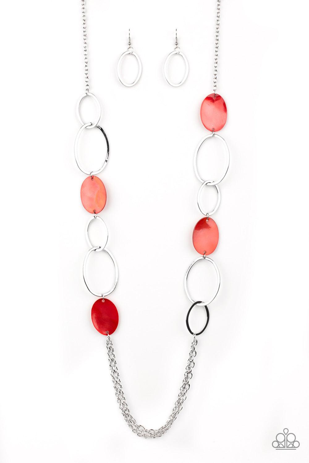 Paparazzi Accessories Kaleidoscope Coasts - Red Brushed in a shell-like iridescence, a collection of flat red beads and mismatched silver hoops give way to layers of silver chains down the chest for a whimsical look. Features an adjustable clasp closure.