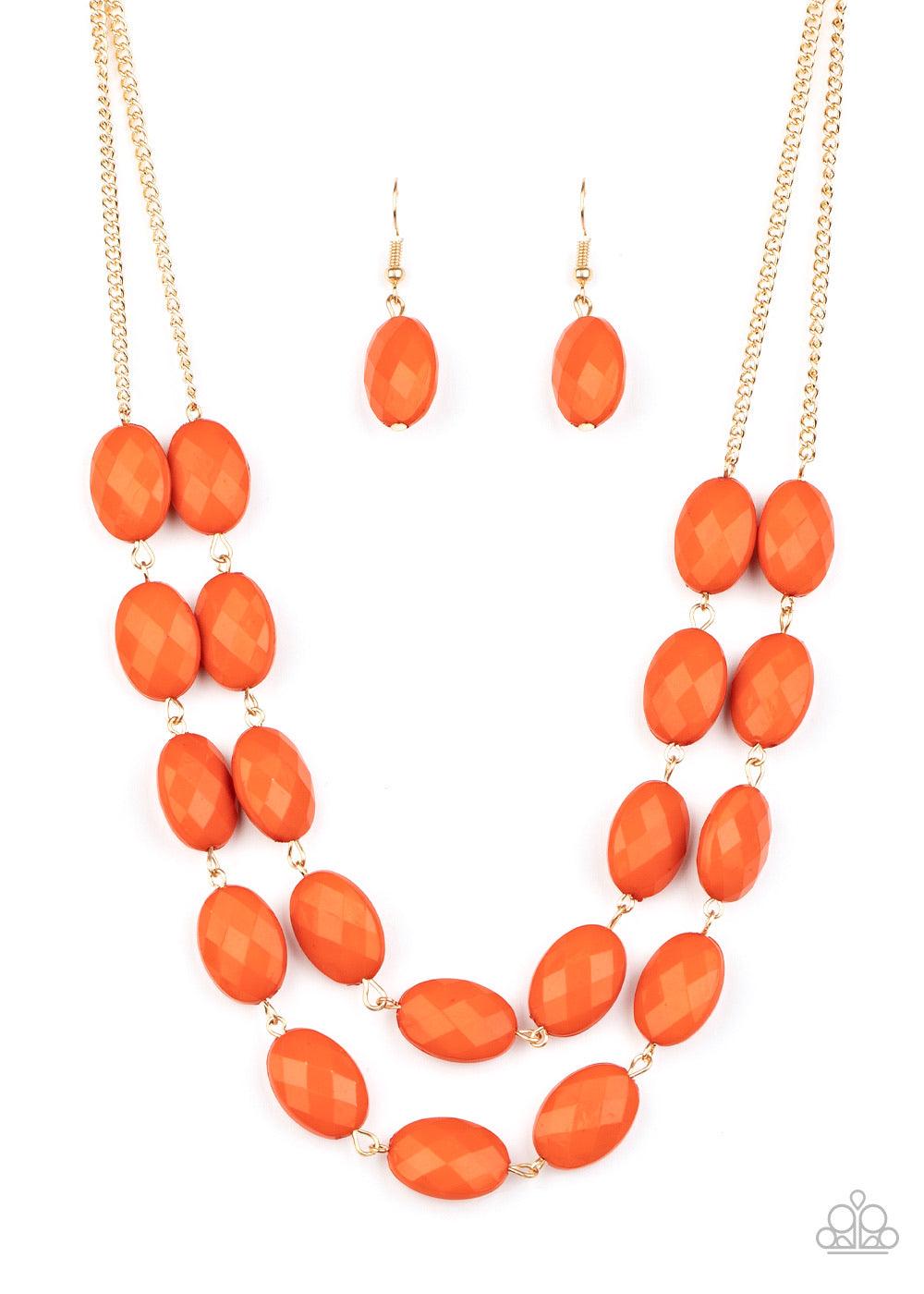 Paparazzi Accessories Max Volume - Orange Attached to dainty gold chains, oval orange beads delicately link into colorful rows below the collar, adding a powerful splash of color to any outfit. Features an adjustable clasp closure. Sold as one individual