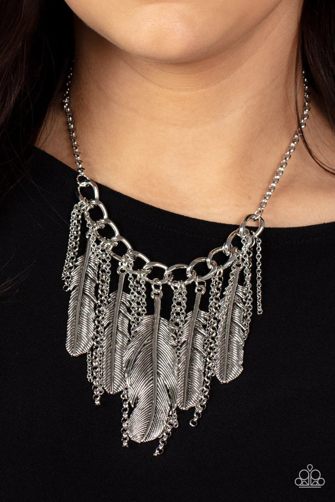Paparazzi Accessories NEST Friends Forever - Silver Infused with lifelike textures, an oversized assortment of silver feathers alternate with free-falling silver chains along a chunky section of silver chain, creating a free-spirited fringe. Features an a