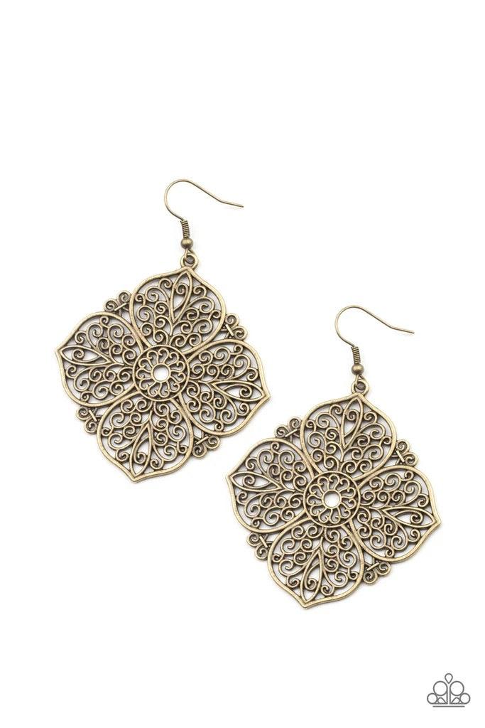 Paparazzi Accessories Dubai Detour - Brass Filled with a frilly scroll, oversized antiqued brass petals bloom into a decorative floral frame for a seasonal shimmer. Earring attaches to a standard fishhook fitting. Sold as one pair of earrings. Jewelry