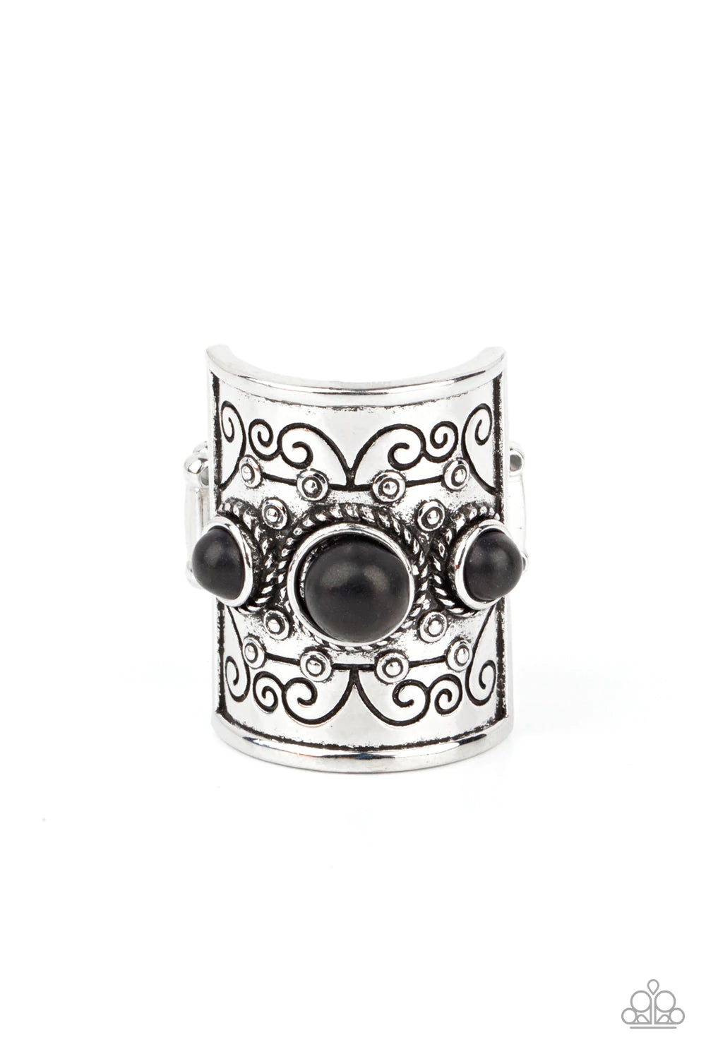 Paparazzi Accessories Southwestern Scenery - Black Dotted with an earthy row of black stones, a rectangular silver frame stamped in tribal inspired patterns folds around the finger for a simply seasonal look. Features a stretchy band for a flexible fit. S