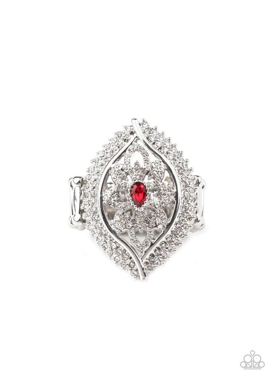 Paparazzi Accessories Glammed Up Gardens - Red Encrusted in icy white rhinestones, glittery silver petals bloom from a fiery red teardrop rhinestone center, creating a glamorous centerpiece inside a frame of dramatically double-bordered rows of white rhin