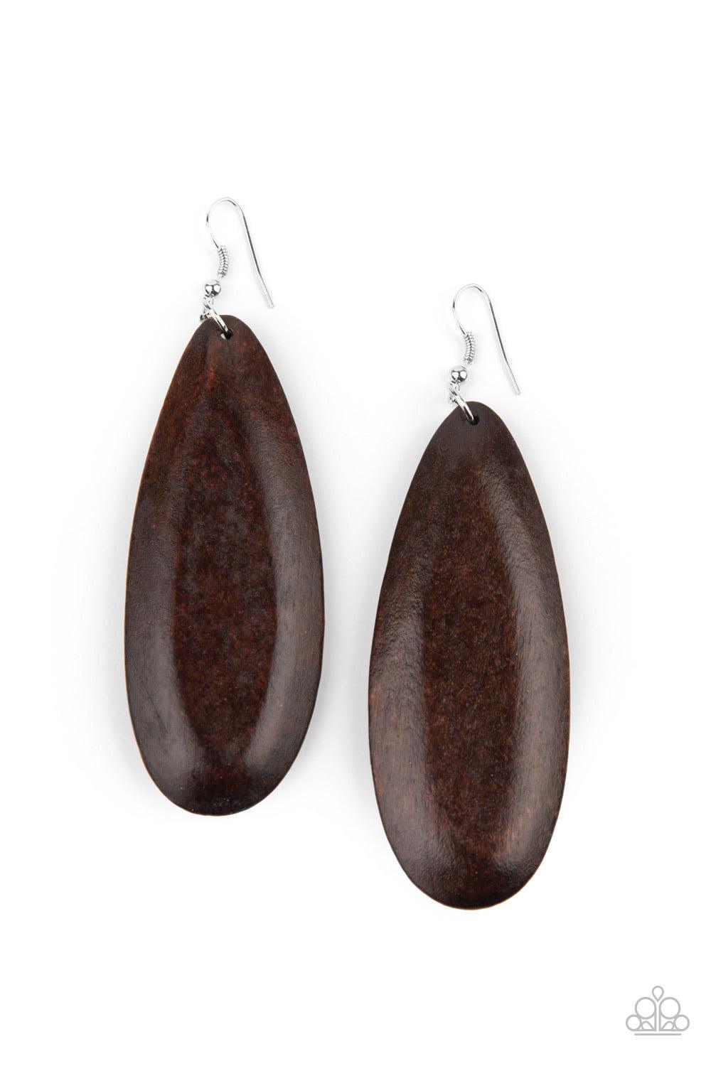 Paparazzi Accessories Tropical Ferry - Brown Painted in a shiny brown finish, an imperfect wooden teardrop swings from the ear for a tropical inspired look. Earring attaches to a standard fishhook fitting. Sold as one pair of earrings. Jewelry