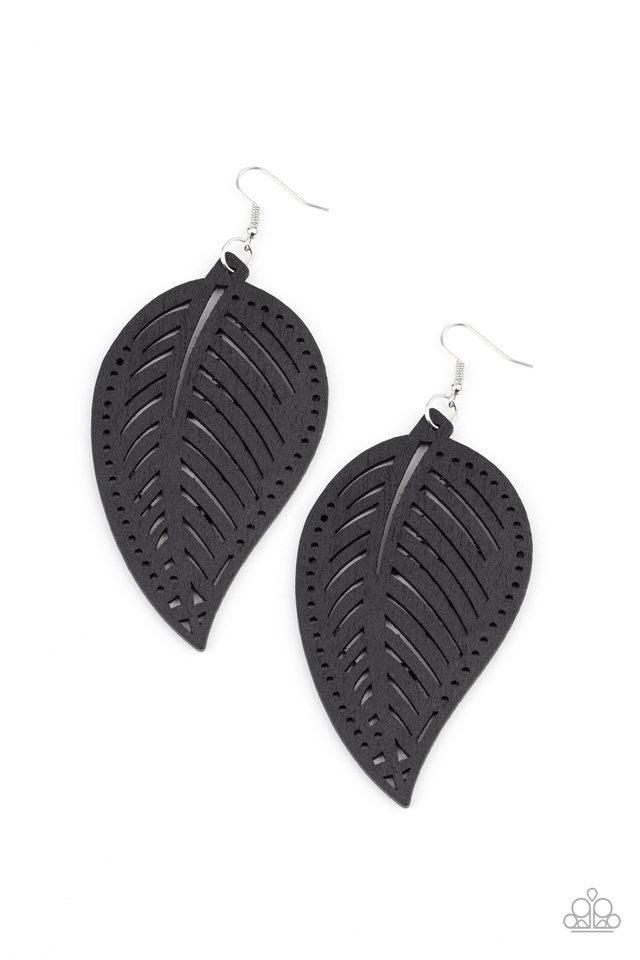 Paparazzi Accessories Amazon Zen - Black Featuring stenciled detail, a black wooden leaf swings from the ear for a seasonal flair. Earring attaches to a standard fishhook fitting. Jewelry