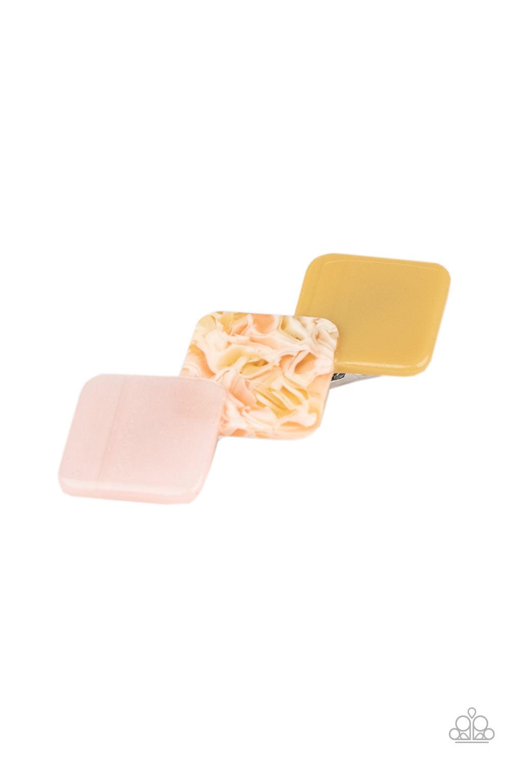 Paparazzi Accessories I’ll Take It From HAIR - Multi Featuring polished and shell-like finishes, a trio of pink, multicolored, and yellow square acrylic frames delicately overlap into a bubble display. Features a standard hair clip on the back. Sold as on