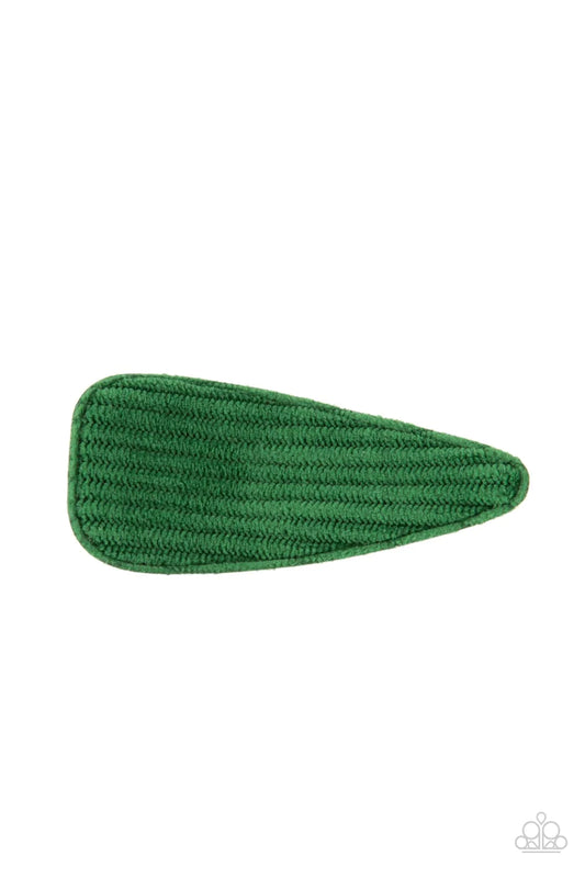 Paparazzi Accessories Colorfully Corduroy - Green The front of an oversized triangular frame is covered in a piece of Leprechaun corduroy fabric, creating a colorful rustic centerpiece. Features a standard snap hair clip on the back. Sold as one individua