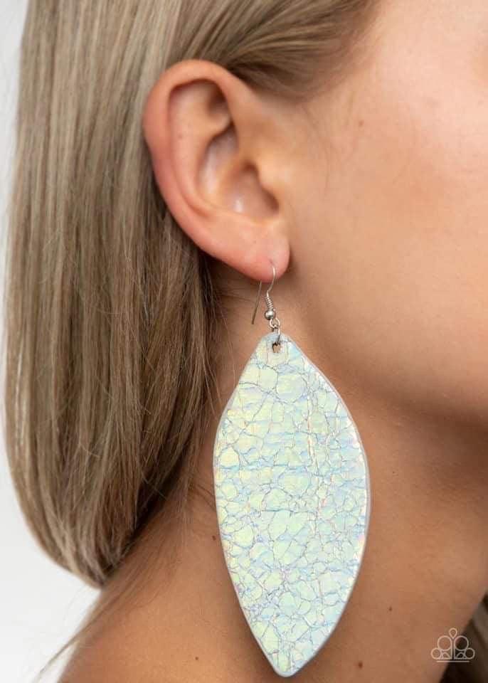 Paparazzi Accessories Eden Radiance - Multi Featuring a metallic iridescence, a leaf-like leather frame swings from the ear for a colorfully retro look. Earring attaches to a standard fishhook fitting. Sold as one pair of earrings. Jewelry