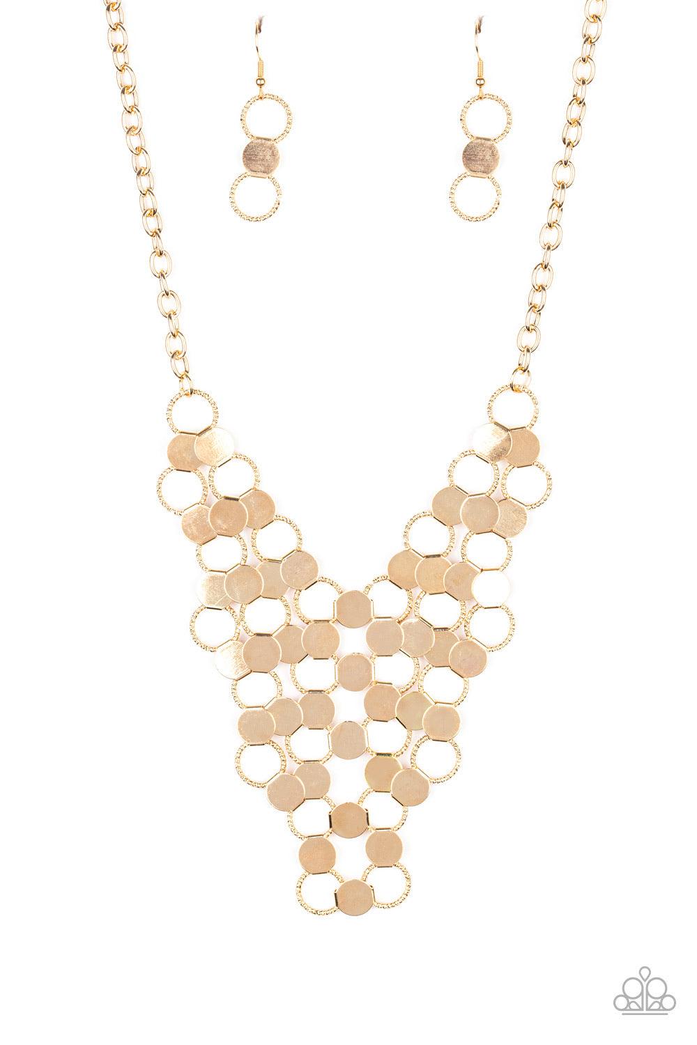 Paparazzi Accessories Net Result - Gold An interlocking net of textured gold rings and reflective gold discs link into a dramatically netted fringe below the collar. Features an adjustable clasp closure. Jewelry