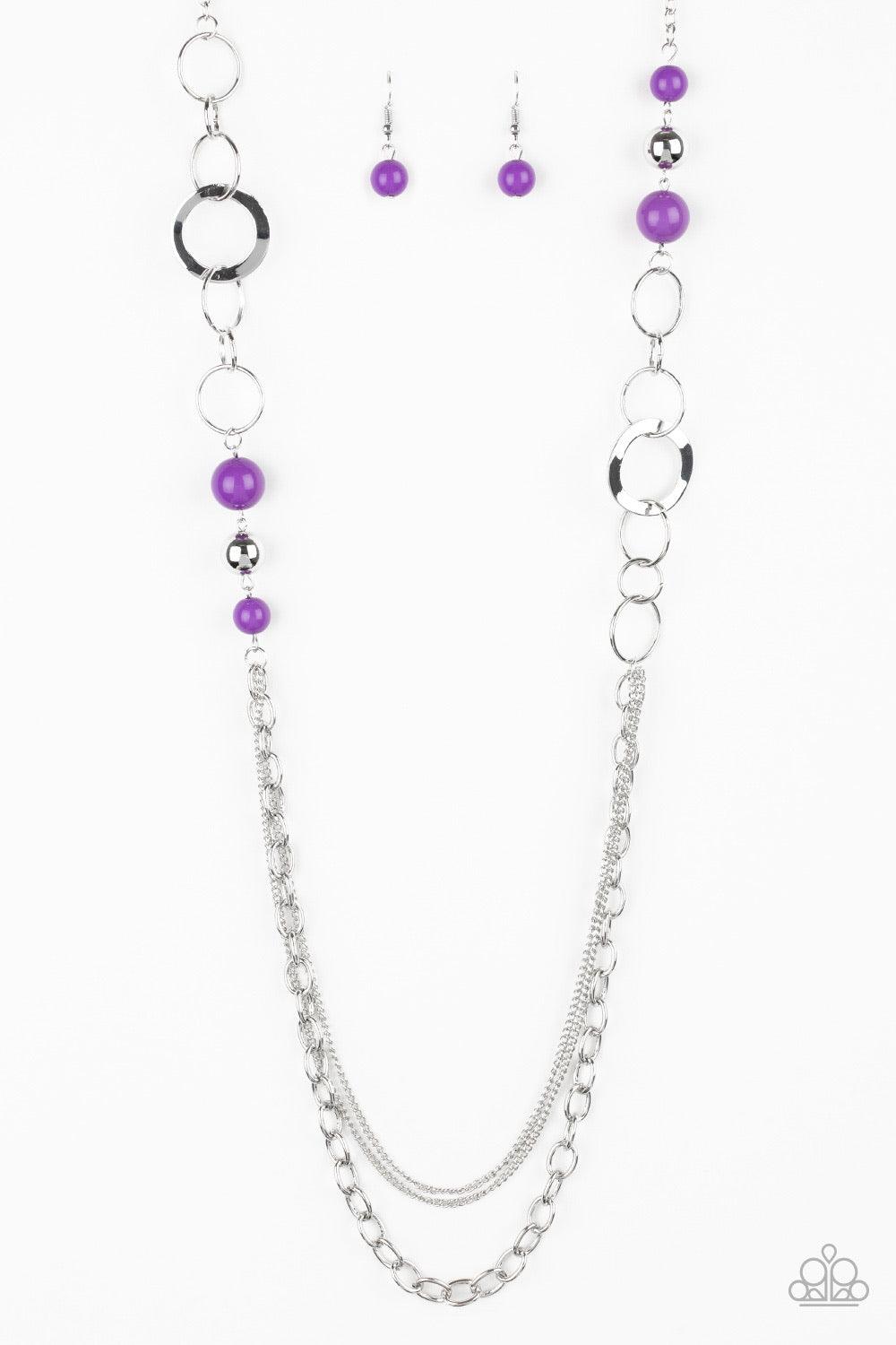 Paparazzi Accessories Modern Motley - Purple Vivacious purple beads, shiny silver beads, and glistening silver hoops give way to layers of mismatched silver chains for a whimsical look. Features an adjustable clasp closure. Sold as one individual necklace
