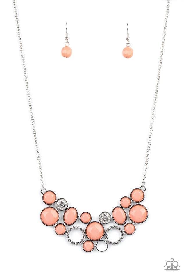 Paparazzi Accessories Extra Eloquent - Orange A mismatched collection of faceted coral beaded frames and white rhinestone embellished accents delicately connect into a bubbly clustered pendant below the collar, creating a colorful statement piece. Feature