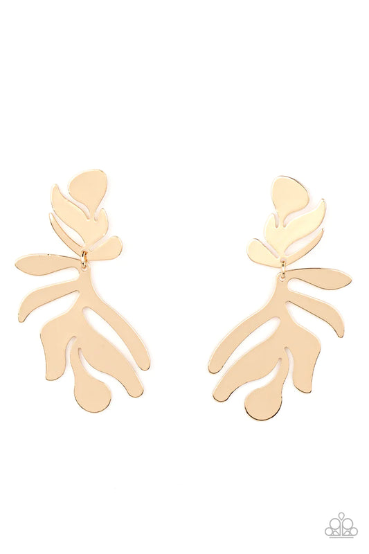 Paparazzi Accessories Palm Picnic - Gold A flat and leafy gold frame swings from the bottom of a matching fitting, creating a trendy seasonal lure. Earring attaches to a standard post fitting. Sold as one pair of post earrings. Jewelry