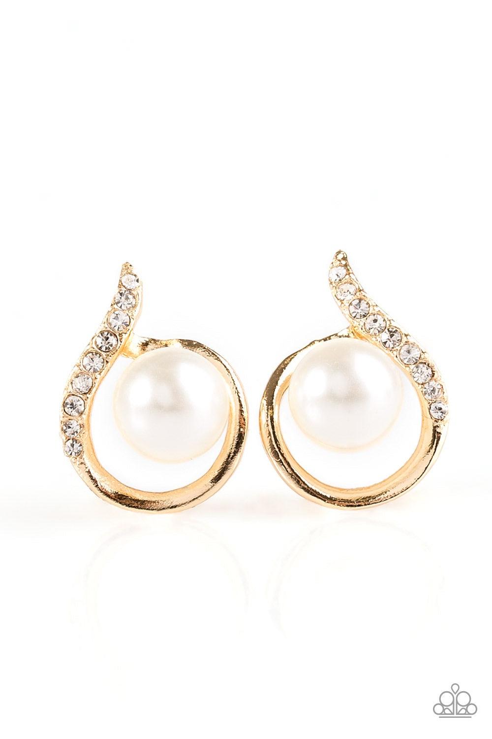 Paparazzi Accessories Ballroom Beauty - Gold Encrusted in a section of glassy white rhinestones, a shimmery ribbon of gold circles around a pearly white bead for a refined look. Earring attaches to a standard post fitting. Jewelry