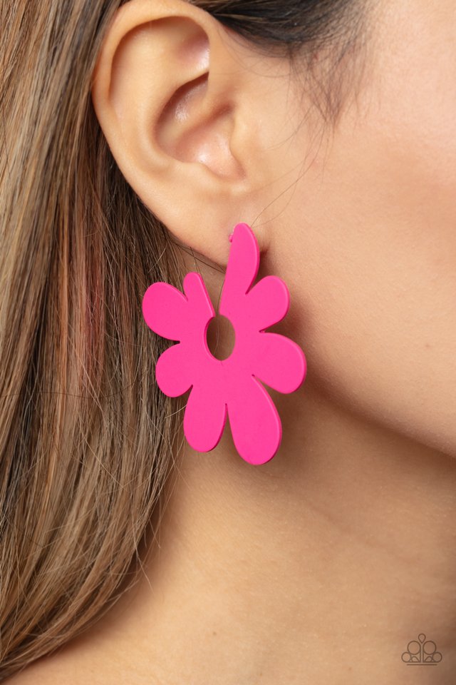 Paparazzi Accessories Flower Power Fantasy - Pink Asymmetrical, oversized Pink Peacock petals bloom into an abstract flower hoop for a fashionable, attention-grabbing pop of color around the ear. Earring attaches to a standard post fitting. Hoop measures