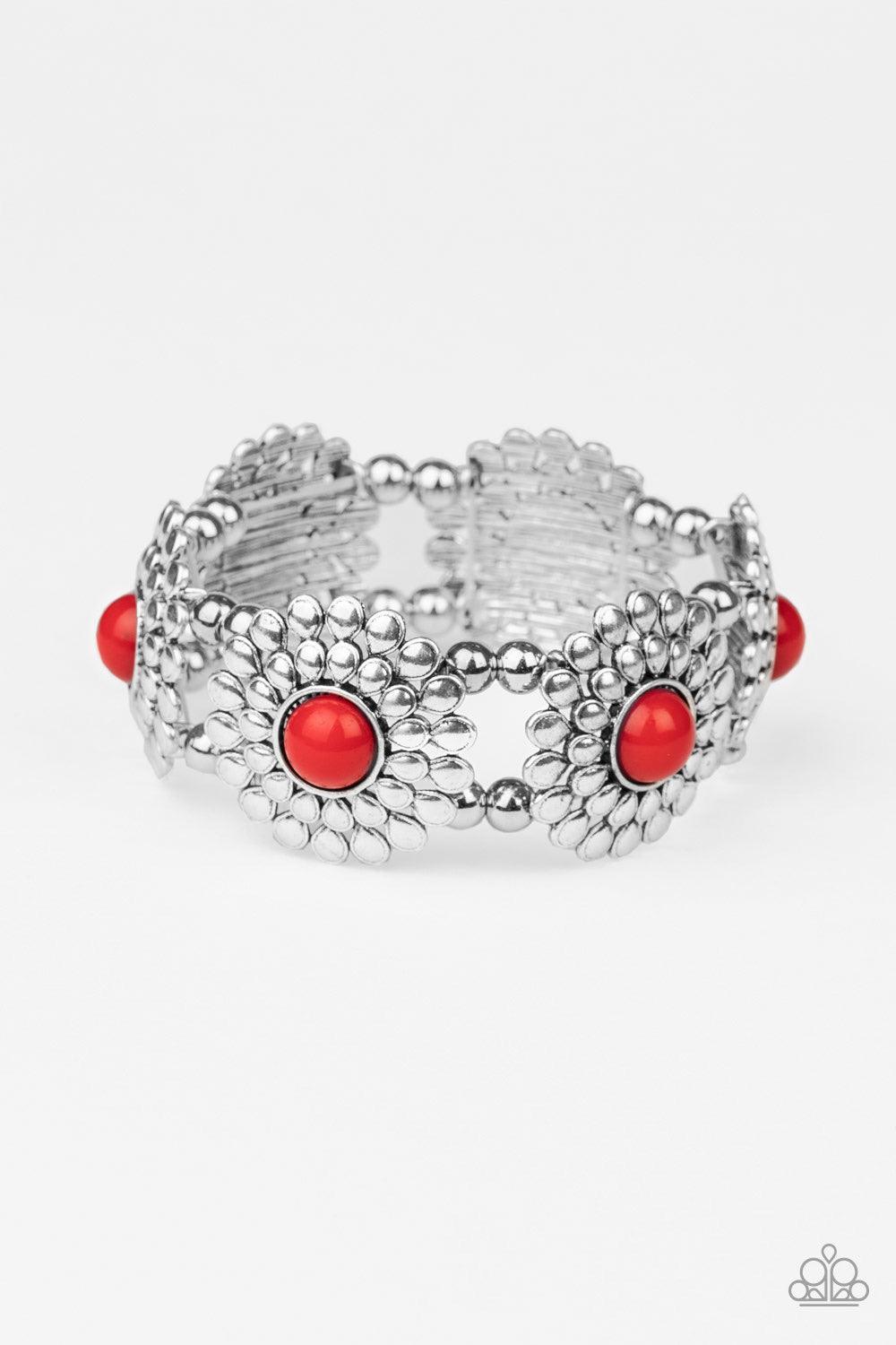 Paparazzi Accessories Bountiful Blossoms - Red Dotted with red beaded centers, silver petaled blossoms are threaded along a stretchy band around the wrist for a colorful look. Jewelry