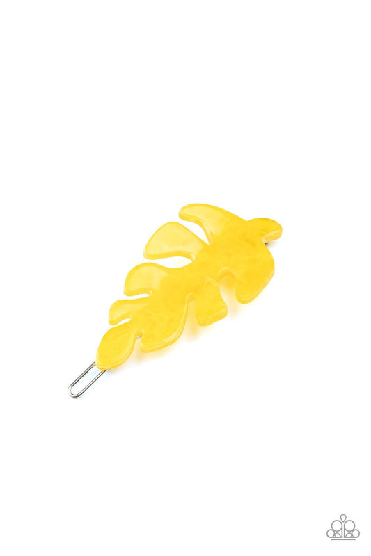 Paparazzi Accessories LEAF Your Mark - Yellow Brushed in a shiny finish, a yellow acrylic leaf delicately pulls back the hair for a seasonal inspired look. Features a clamp barrette closure. Sold as one individual hair clip. Hair Accessories