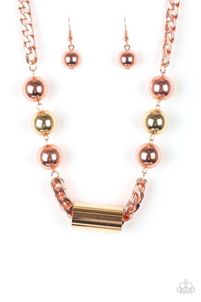 Paparazzi Accessories All About Attitude - Copper Heavy shiny copper chains give way to sections of bold gold and shiny copper beads. A glistening gold accent slides along joined rows of heavy shiny copper chains, creating a spunky industrial centerpiece