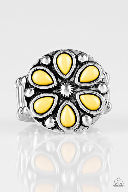 Paparazzi Accessories Color Me Calla Lily - Yellow Sunny yellow beads are pressed into a studded silver frame, creating a colorful floral centerpiece atop the finger. Features a stretchy band for a flexible fit. Sold as one individual ring. Jewelry