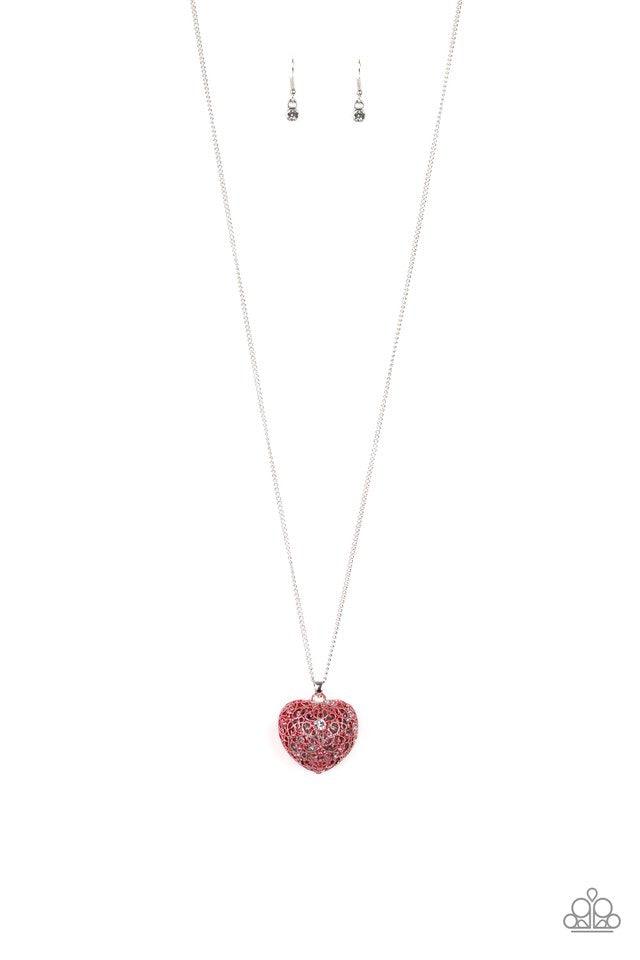 Paparazzi Accessories Love is All Around - Red Brushed in a shiny red finish, flowery filigree coalesces into a locket-like pendant at the bottom of a shimmery silver chain. A glassy white rhinestone dots the vintage inspired frame for a whimsical finish.