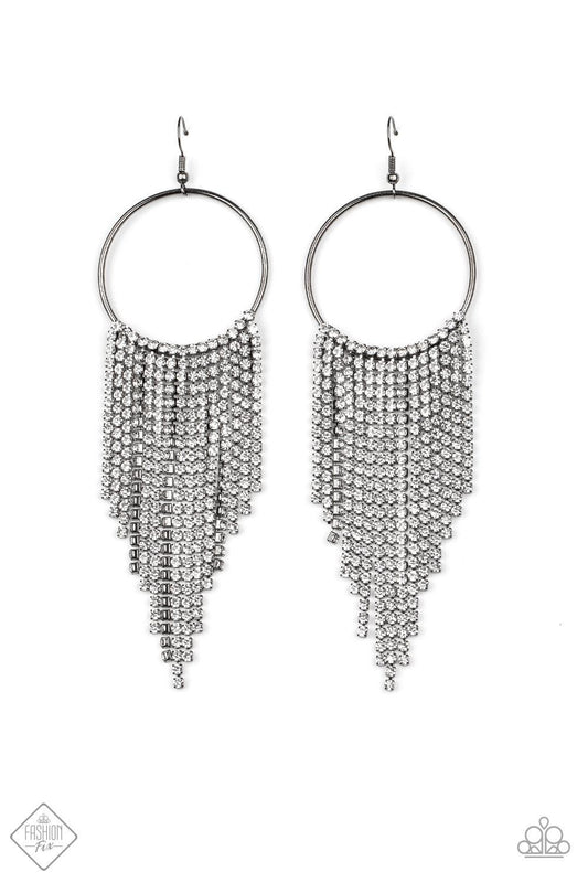 Paparazzi Accessories Streamlined Shimmer - Black Tapered rows of glittery white rhinestones cascade from the bottom of a shiny gunmetal hoop, creating a glamorously glitzy fringe. Earring attaches to a standard fishhook fitting. Sold as one pair of earri