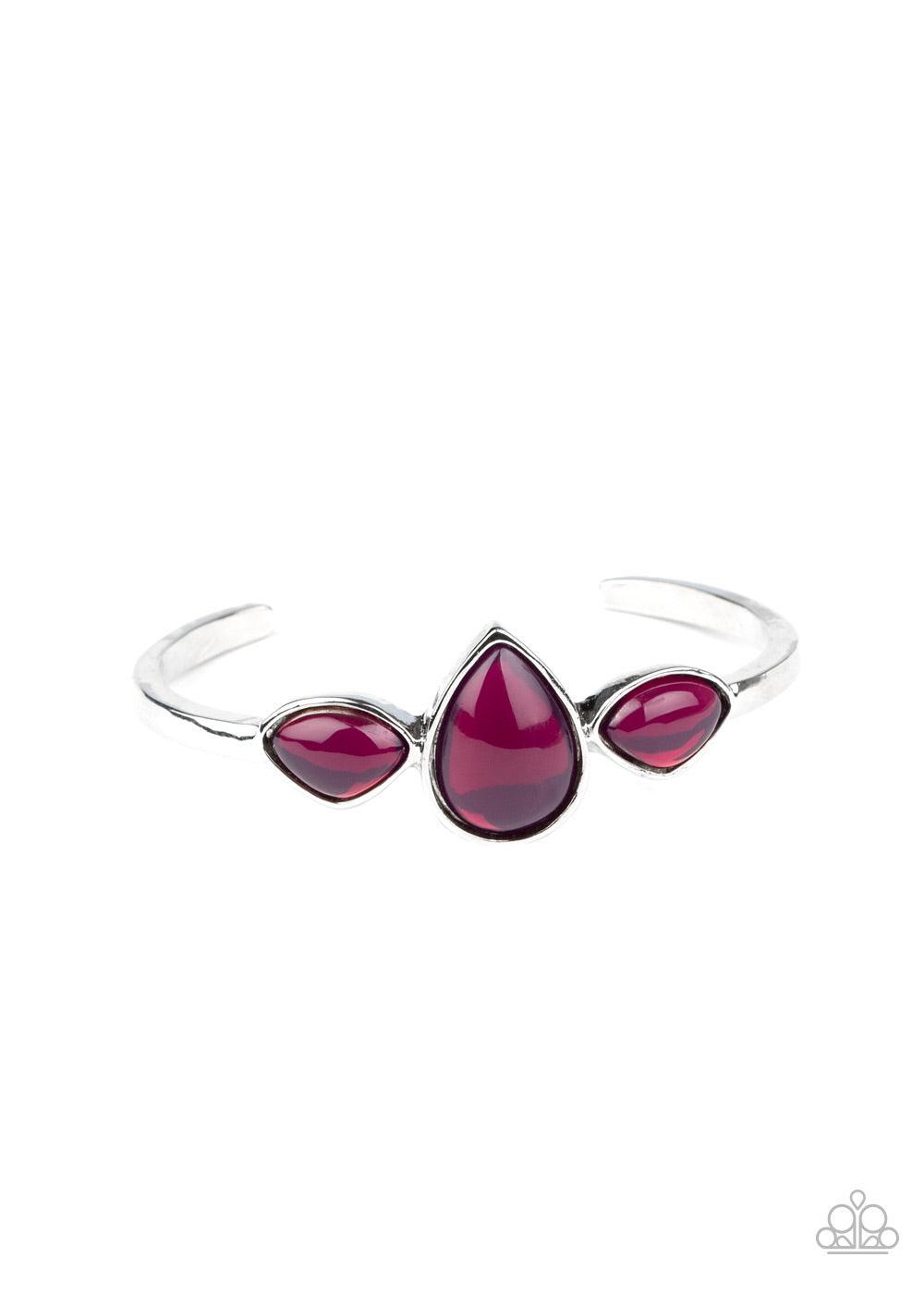 Paparazzi Accessories Boho Beach Babe - Purple Oversized glassy purple stones are encrusted across the center of a dainty silver cuff, creating a colorful centerpiece. Sold as one individual bracelet. Jewelry