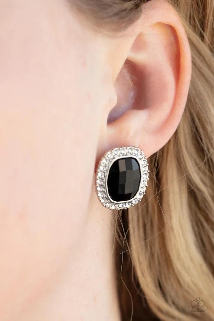 Paparazzi Accessories The Modern Monroe - Black A faceted black gem is pressed into a shimmery silver frame radiating with glassy white rhinestones for a timeless fashion. Earring attaches to a standard post fitting. Sold as one pair of post earrings. Jew