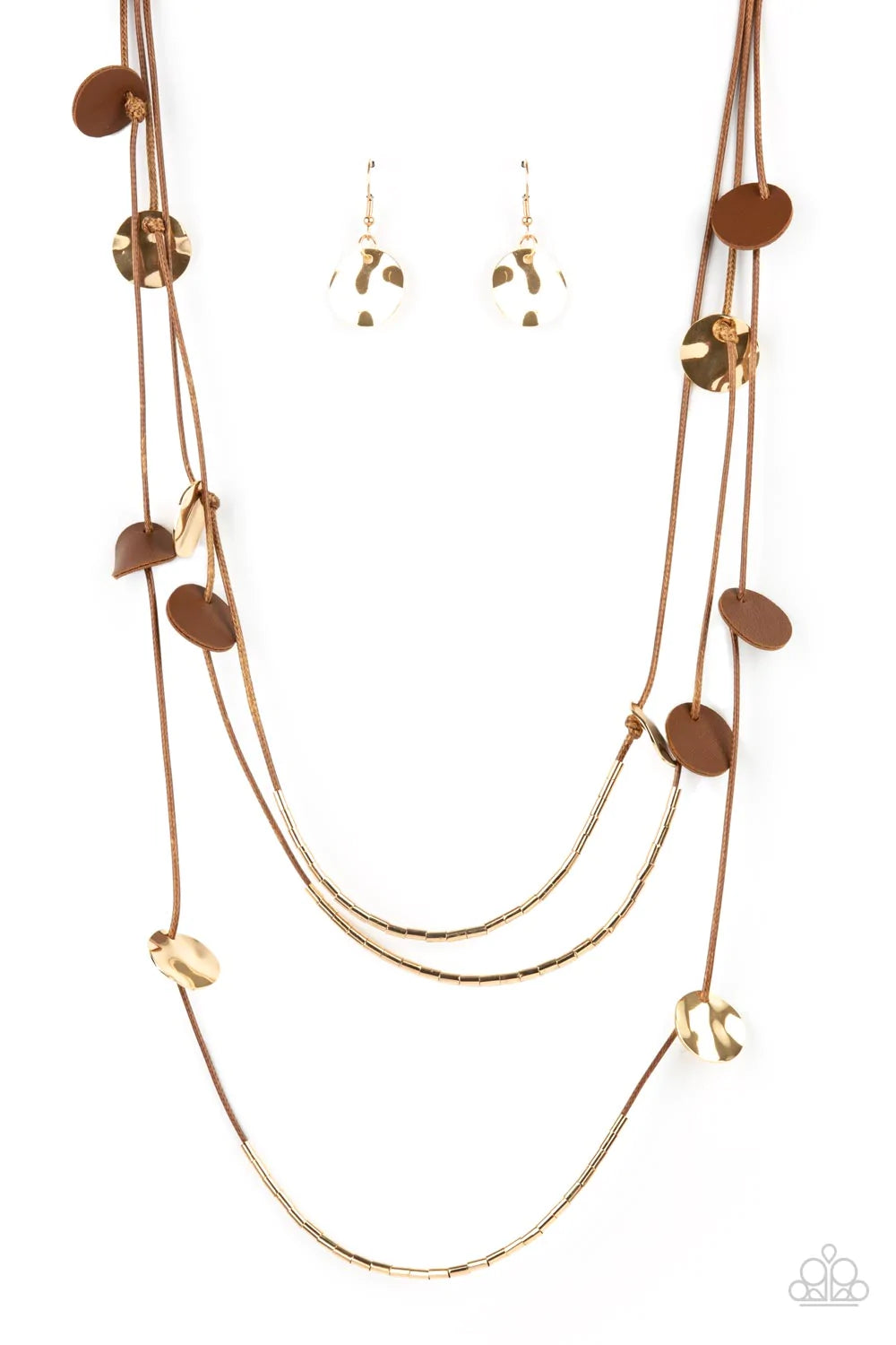 Paparazzi Accessories Alluring Luxe - Brown Shining wavy gold discs and brown leather discs adorn a trio of lengthened subtly shimmering brown cords. Rows of dainty gold cylinders are threaded along the bottom of each cord adding luxurious allure to the p