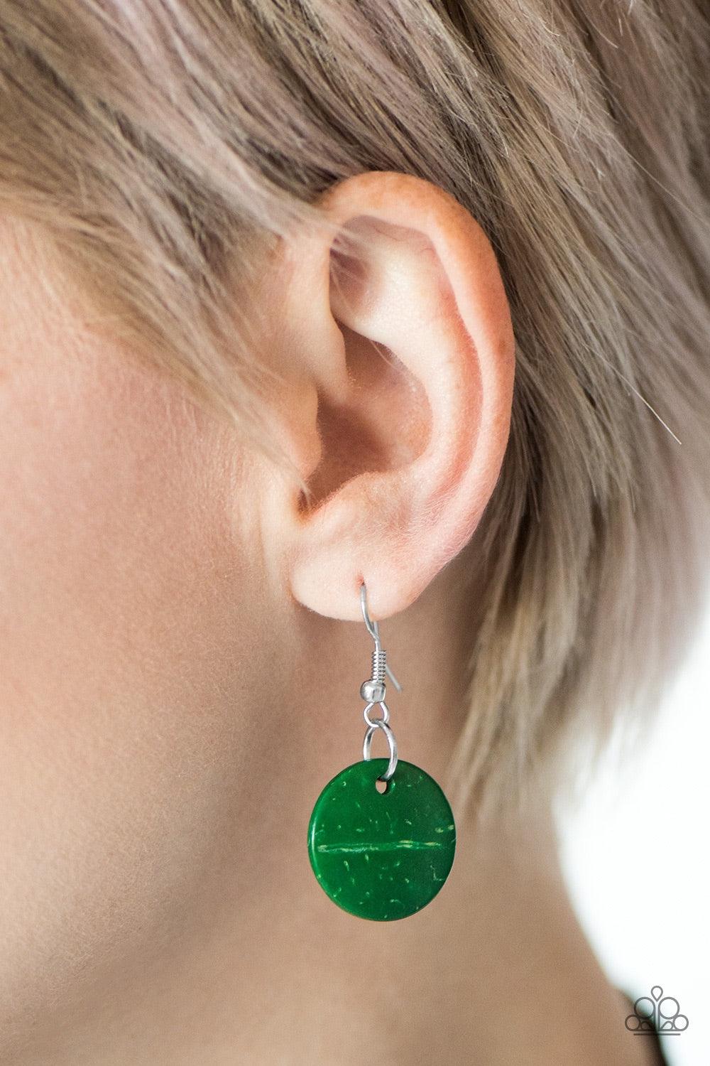 Paparazzi Accessories Jammin In Jamaica - Green Shiny wooden discs brushed in a refreshing green finish trickle along shiny brown cording, creating clustered layers below the collar. Features a button-loop closure. Jewelry