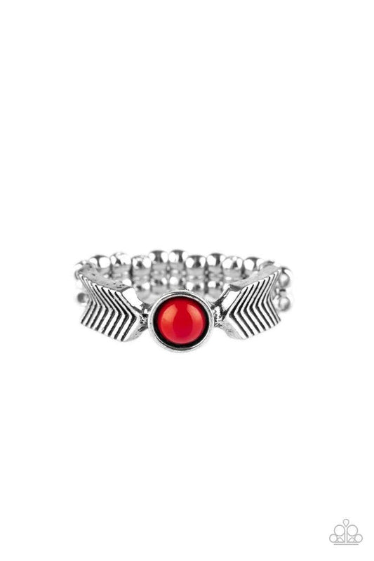 Paparazzi Accessories Awesomely ARROW-Dynamic - Red Chevron-like frames join into a dainty band, creating metallic arrows. A dainty red bead adorns the center of the band for a seasonal finish. Features a dainty stretchy band for a flexible fit. Sold as o
