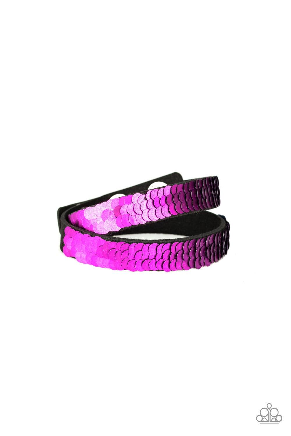 Paparazzi Accessories Under The SEQUINS - Purple Row after row of shimmery sequins are stitched across the front of a lengthened black suede band. The elongated band allows for a trendy double wrap design. Bracelet features reversible sequins that change